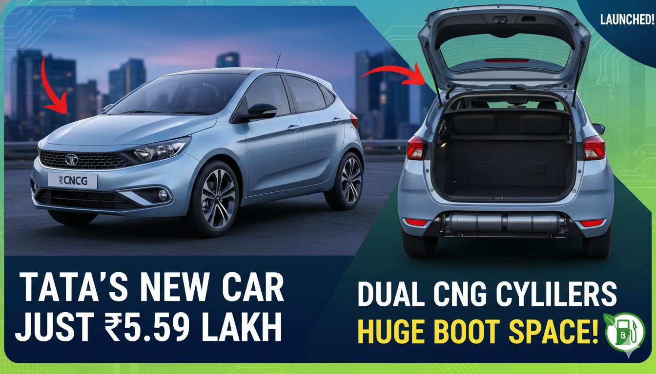 टाटा XPRES CNG कार का फ्रंट व्यू, व्हाइट कलर में ट्विन सिलेंडर टेक्नोलॉजी के साथ