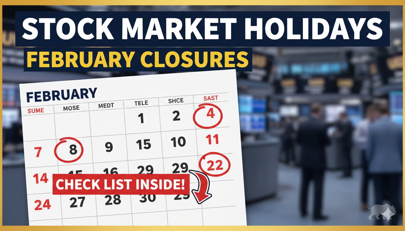 फरवरी 2026 में शेयर बाजार छुट्टियों की लिस्ट दिखाती कैलेंडर इमेज