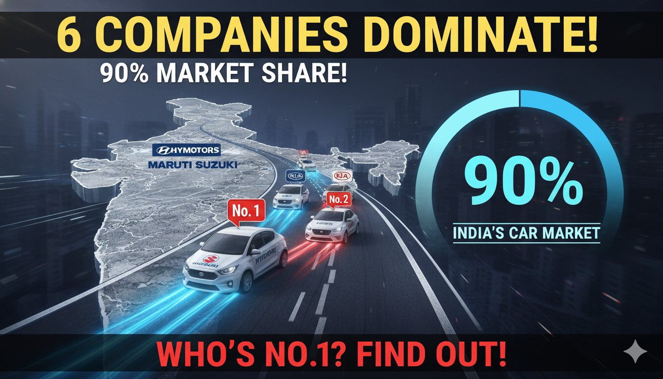 2025 भारत कार मार्केट शेयर चार्ट दिखाते हुए टॉप 6 कंपनियां - मारुति सुजुकी नंबर 1 और महिंद्रा नंबर 2
