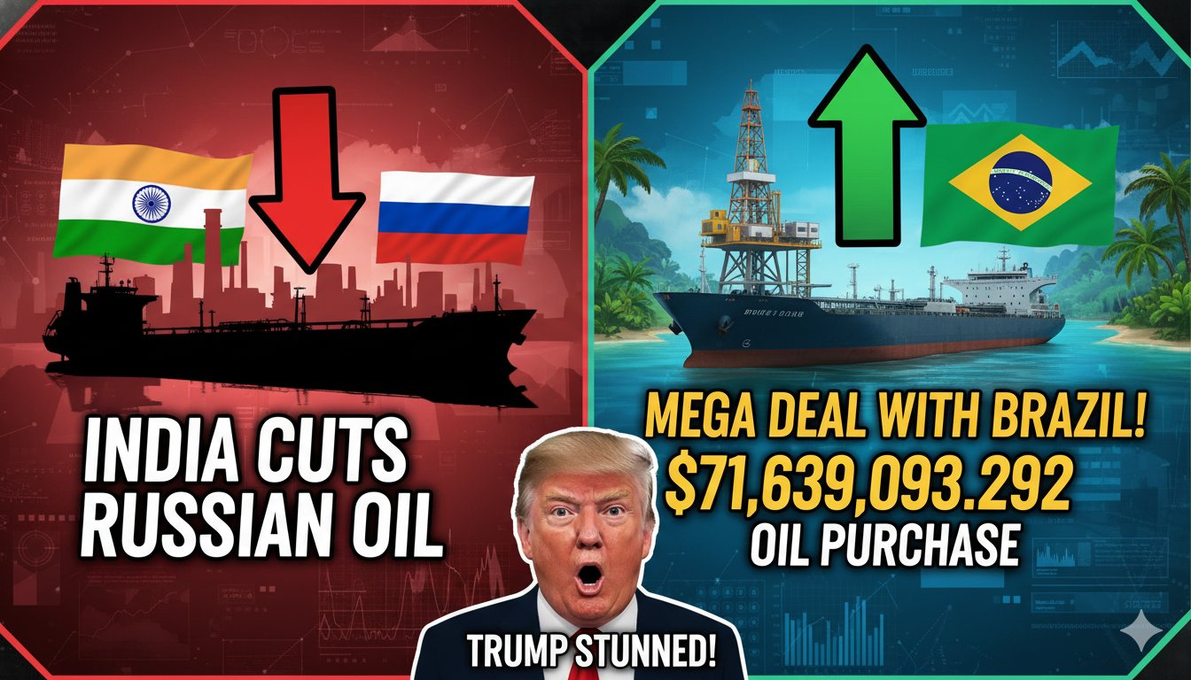 भारत और ब्राजील के बीच तेल डील का प्रतिनिधित्व करने वाली छवि जिसमें तेल बैरल और दोनों देशों के झंडे दिखाई दे रहे हैं।