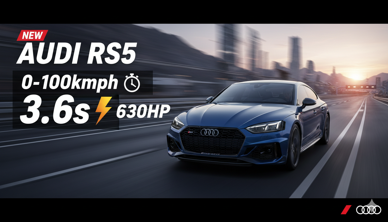 नई Audi RS5 प्लग-इन हाइब्रिड सेडान फ्रंट प्रोफाइल में 639 hp पावर के साथ