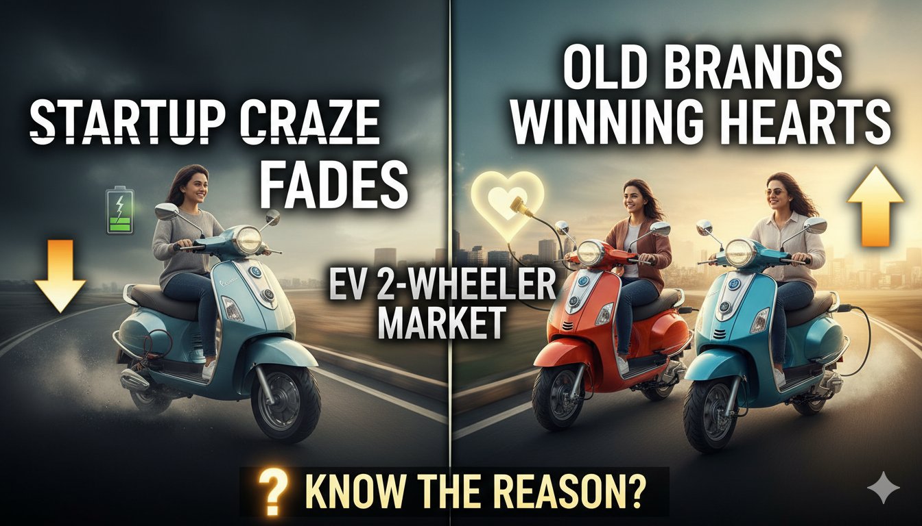 भारत में EV टू-व्हीलर मार्केट में TVS, Bajaj और Hero जैसे पुराने ब्रांड्स की मजबूत वापसी, Ola Electric की गिरावट दिखाता ग्राफिकल इलस्ट्रेशन