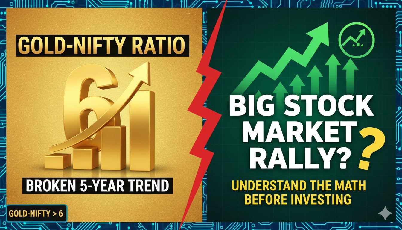 Alt Text for featured image : गोल्ड और निफ्टी रेश्यो चार्ट दिखाता हुआ ग्राफ, जिसमें रेश्यो 6 से ऊपर और नीचे जाने का ट्रेंड दर्शाया गया है