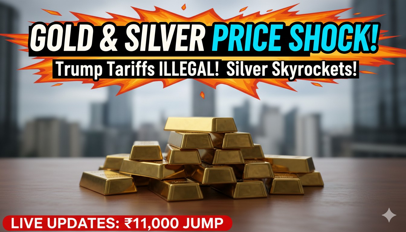 ट्रंप टैरिफ अवैध घोषित होने के बाद चांदी के दाम में भारी उछाल दिखाती ग्राफ और सोने-चांदी की ईंटें