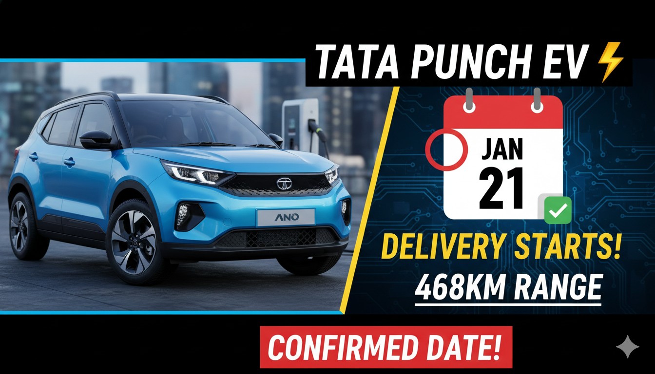 2026 टाटा पंच EV फेसलिफ्ट की फ्रंट प्रोफाइल दिखाती हुई इमेज, जिसमें नया डिजाइन और LED लाइट्स दिख रहे हैं, 468 km रेंज वाली EV