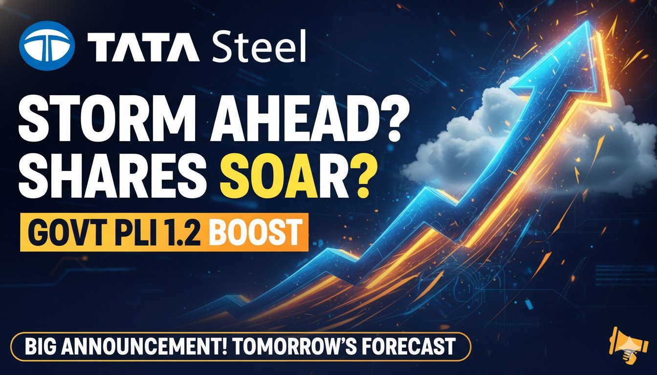 टाटा स्टील के शेयर प्राइस चार्ट दिखाता हुआ ग्राफ जिसमें तेजी का उछाल और PLI 1.2 सरकार एलान का बैकग्राउंड
