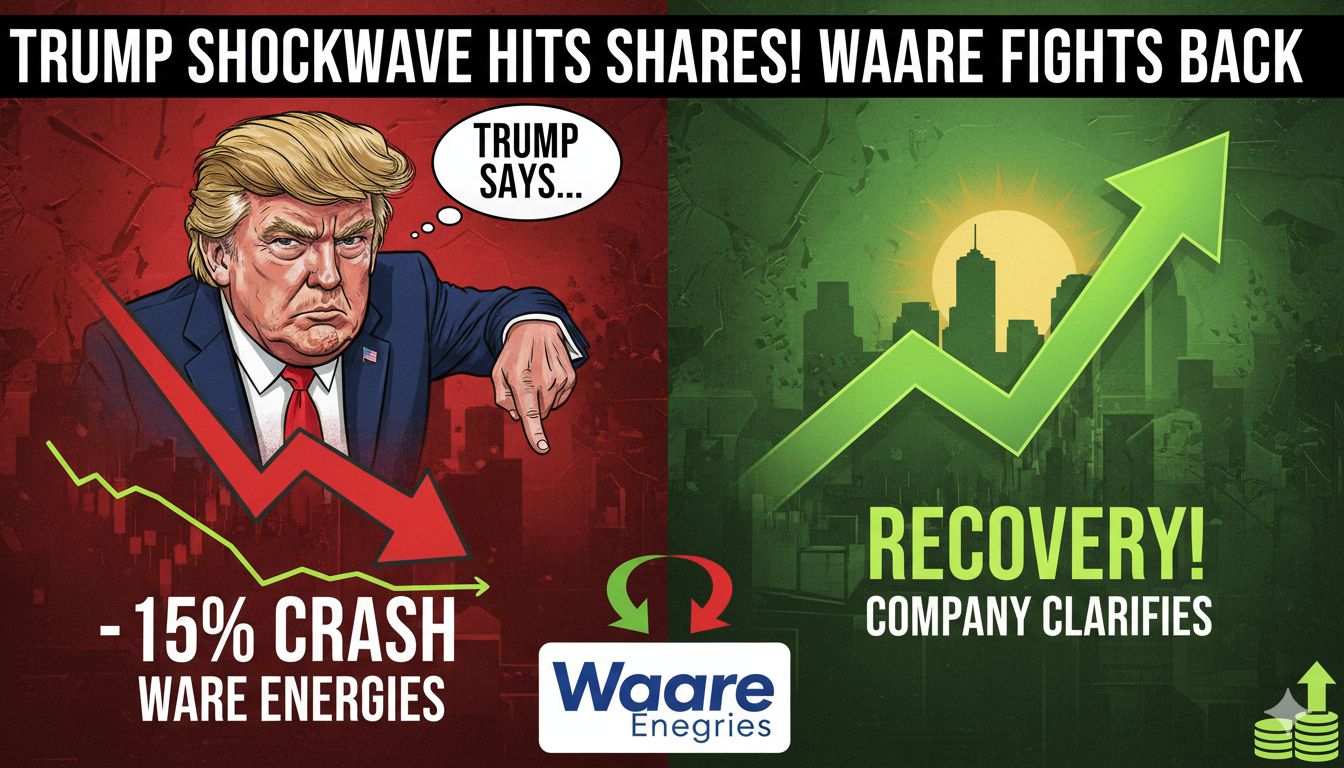 Waaree Energies शेयर प्राइस चार्ट में गिरावट और रिकवरी दिखाते हुए, अमेरिकी टैरिफ प्रभाव