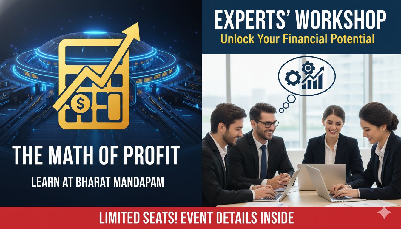 दिल्ली के भारत मंडपम में प्रॉफिट का गणित वर्कशॉप का पोस्टर जिसमें स्पीकर्स और इवेंट डिटेल्स दिखाई दे रहे हैं