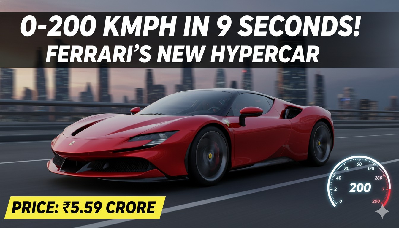 लाल रंग की फेरारी अमाल्फी सुपरकार हाई-स्पीड पर रोड पर दौड़ती हुई