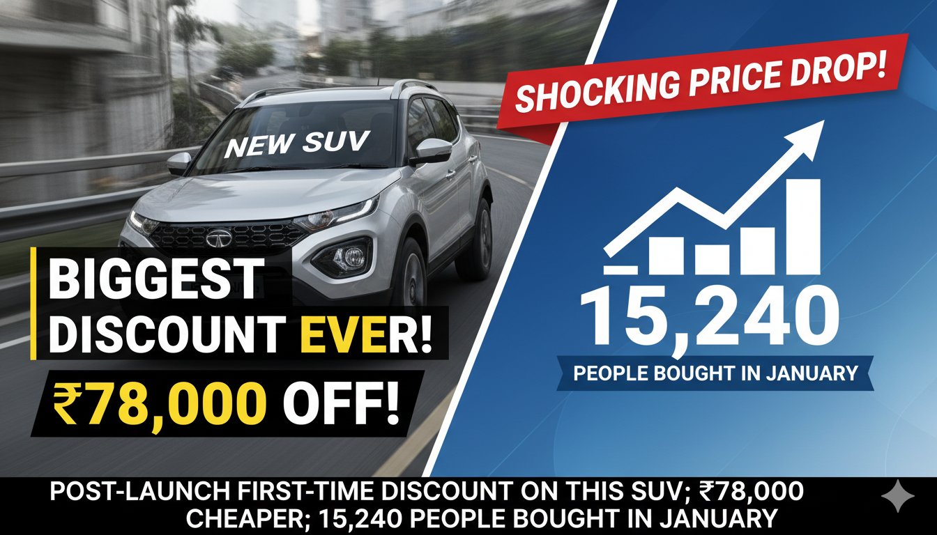 मारुति सुजुकी विक्टोरिस एसयूवी का फ्रंट व्यू, डिस्काउंट बैनर के साथ, भारतीय सड़क पर खड़ी।