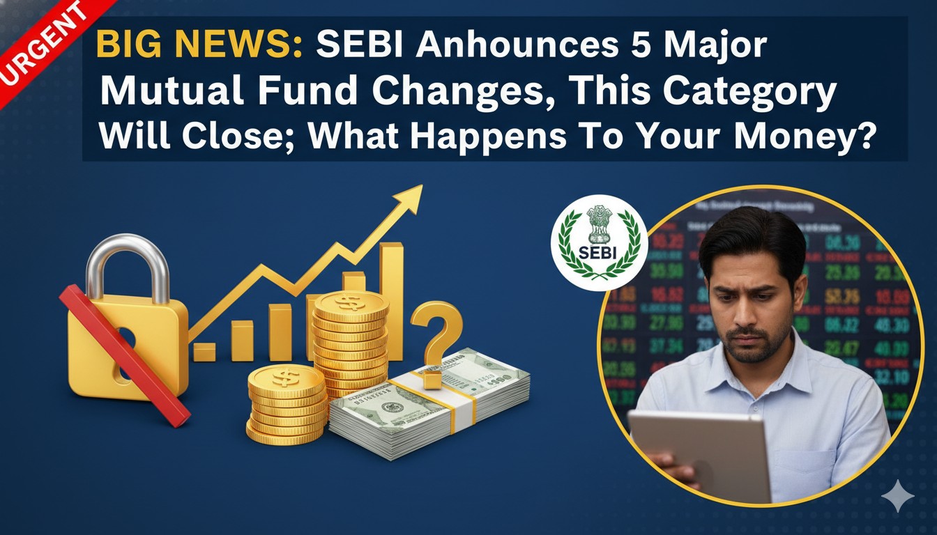 सेबी के नए म्यूचुअल फंड नियमों का ग्राफिक दिखाता हुआ इमेज, जिसमें कैटेगरी बदलाव और बंद स्कीम्स हाइलाइट हैं