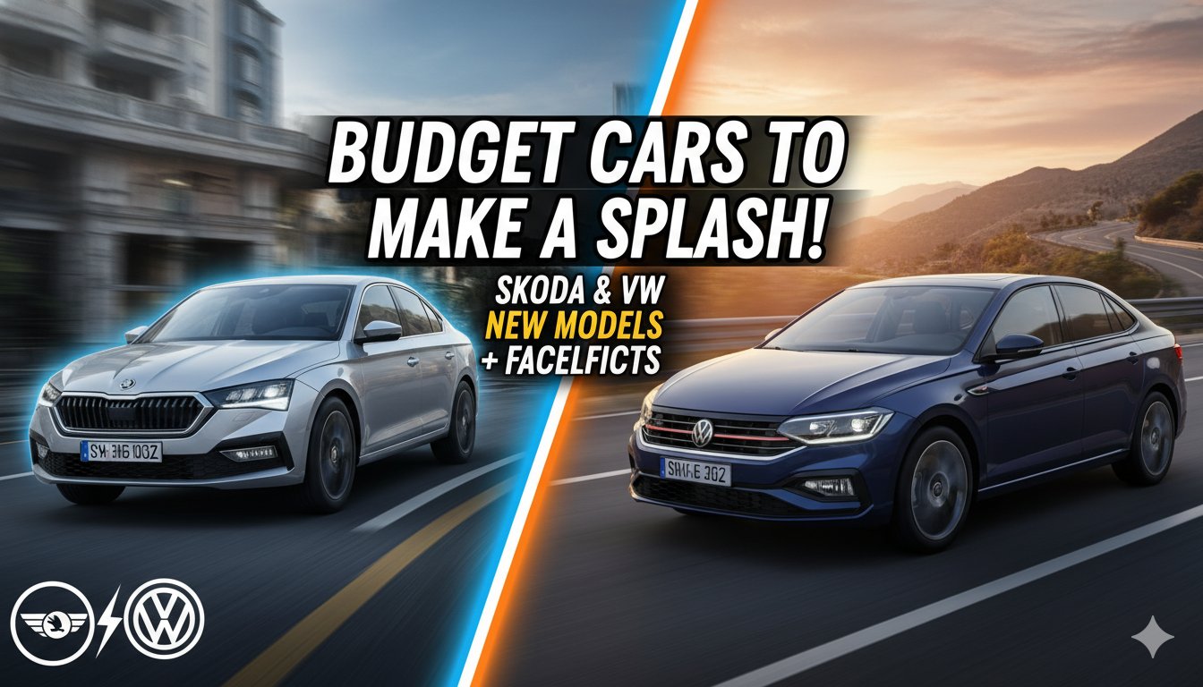 स्कोडा कुशाक फेसलिफ्ट 2026 और वॉल्वो टाइगुन अपडेटेड मॉडल्स की फ्रंट व्यू, बजट कारें भारत में लॉन्च