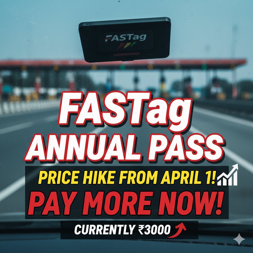 FASTag एनुअल पास की नई कीमत 3075 रुपये दिखाता ग्राफिक, 1 अप्रैल 2026 से लागू
