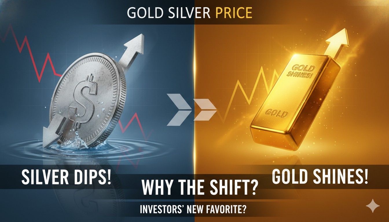 Alt Text for featured image : सोने और चांदी के सिक्के और बार के साथ बाजार ग्राफ दिखाता हुआ फीचर्ड इमेज, जिसमें सोना चमकता और चांदी नीचे की ओर दिख रही है