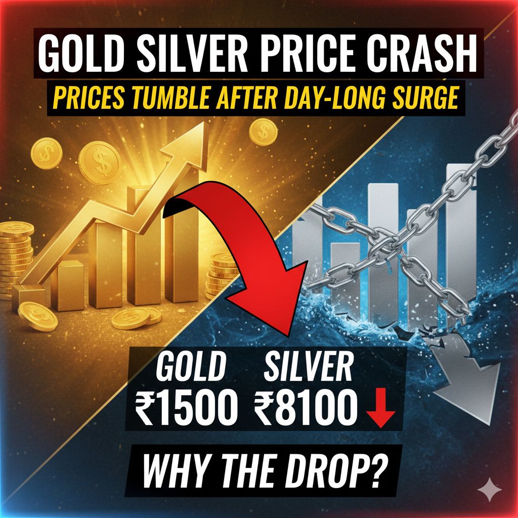 Alt Text for featured image : सोने और चांदी के सिक्कों की गिरती कीमतों का ग्राफ दिखाता हुआ चित्र, MCX गिरावट 2026