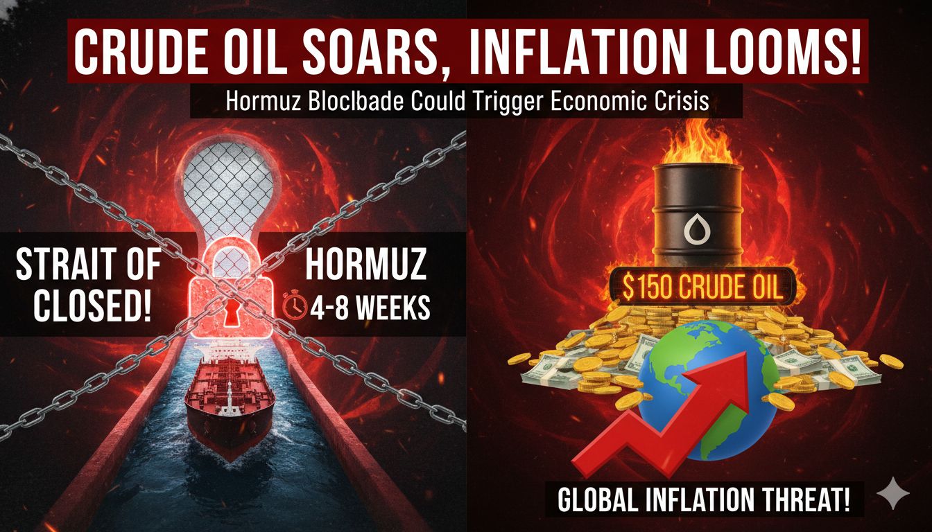 होर्मुज जलडमरूमध्य में बंद तेल टैंकर और बढ़ती कच्चे तेल कीमतों का ग्राफिक प्रतिनिधित्व