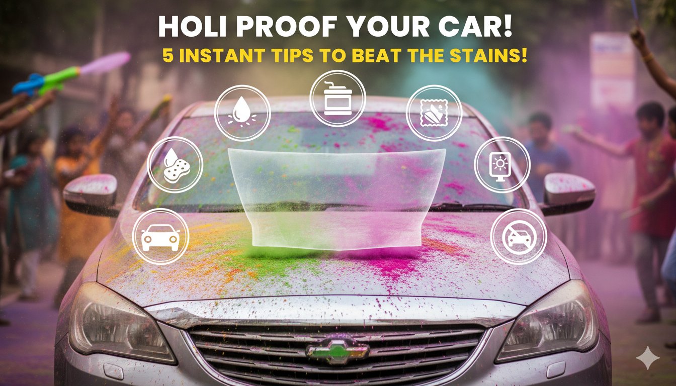 होली के रंगों से सुरक्षित कार, वैक्स कोटिंग और कार कवर के साथ चमकती हुई गाड़ी